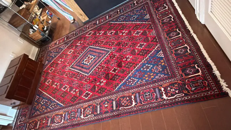 A red rug with a diamond medallion in a living room