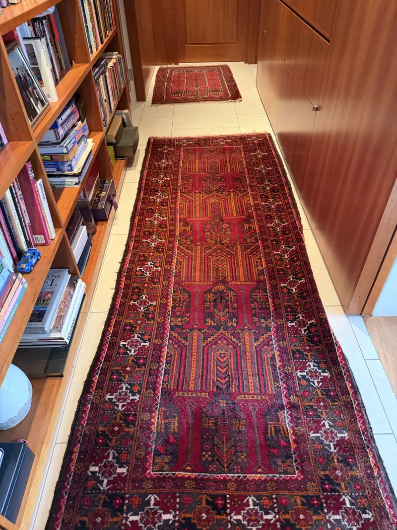 A long red runner in a hallway lined with books